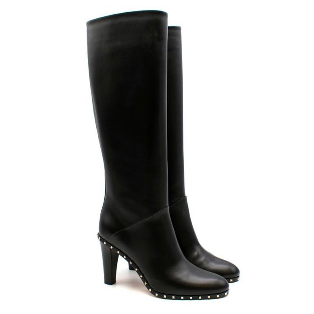 Valentino Black Leather Rockstud Trim Knee Boots